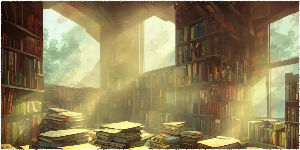 A dusty library with stacks of books. Through the windows we see the rainforest.