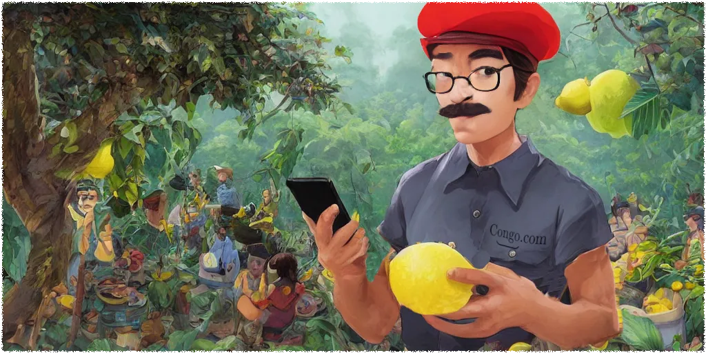 An illustration of a man holding a phone and a lemon at a party. He is wearing a beret and his employee shirt is marked “Congo.com”. He looks shifty.
