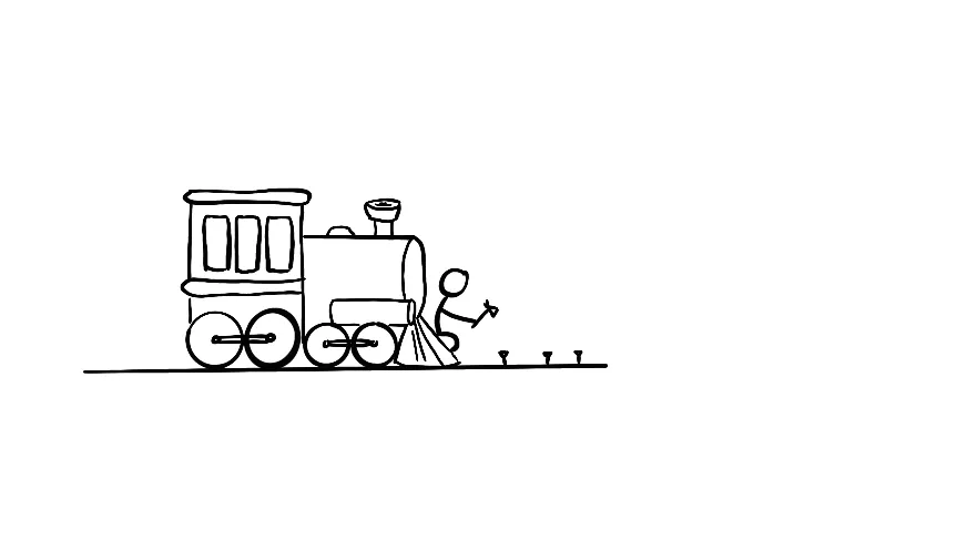 A sketch of a train. A person at the front is laying down the track.