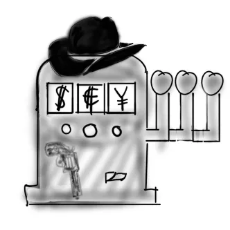 A slot machine with three arms, with a cowboy hat and revolver.