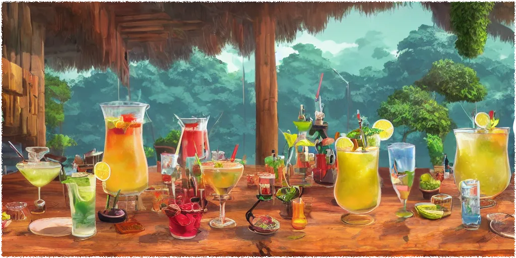 A table covered with lemonade cocktails. Rainforest canopy in background.