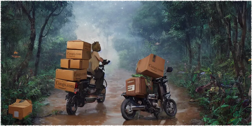 Illustration of a muddy path through a jungle. Two mopeds are stuck. They are carrying lots of packages marked “Congo.com”.